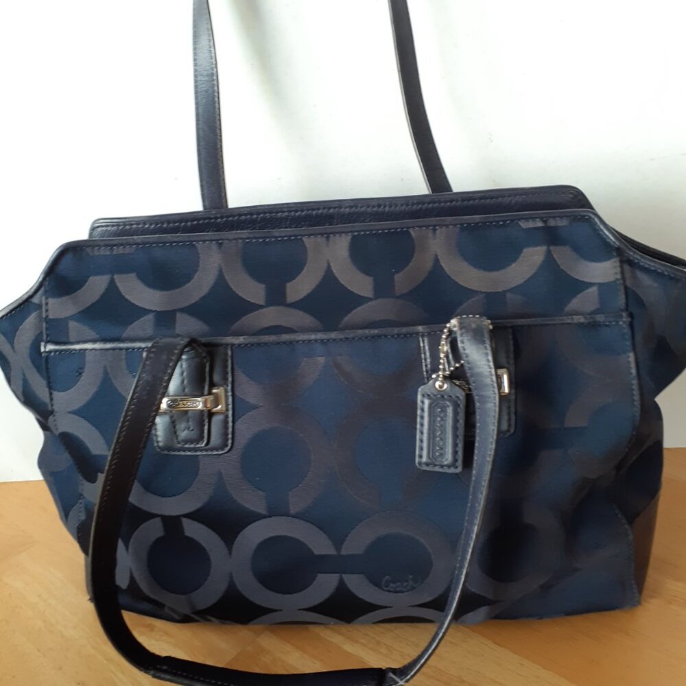 Coach F25501 Taylor Alexis Signature Blue Navy Leather Sateen  Trim Zip Tote Bag